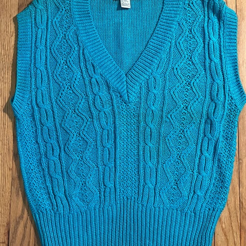Vintage 1980s Colors by Brooks Aqua V-Neck Cable Knit Sweater Vest Women L